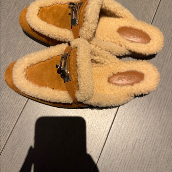 Hermes Shoes - Hermes Tan Suede Shearling-Trim Loafer Mules with Silver Hardware
